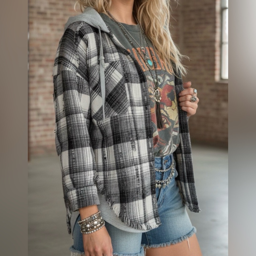 NWT Very J Distressed Button Down 90’s Grunge Flannel Hoodie Plaid Hooded Jacket - Picture 8 of 8